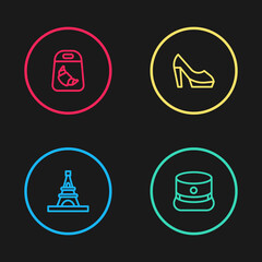 Canvas Print - Set line Eiffel tower, Kepi, Woman shoe and Croissant package icon. Vector