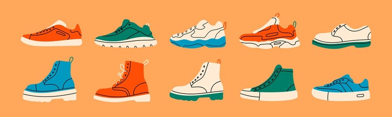 Various Shoes icons collection. Boots, sport shoes, sneakers, hiking footwear and other shoes for training. Men's and women's footwear. Hand drawn Vector illustration. All elements are isolated