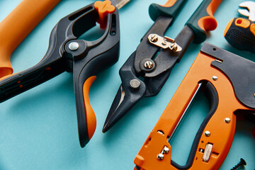 Wall Mural - Workshop instrument, macro view, blue background