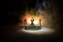 Low Key Image Of Beautiful Queen/king Crown Over Wooden Table. Vintage Filtered. Fantasy Medieval Period