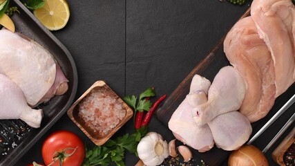 Canvas Print - Fresh raw chicken thighs with ingredients for cooking on a wooden cutting board