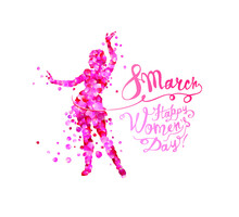 8 March. Happy Women's Day.  Silhouette Of A Dancing Woman  Of Pink Rose Petals