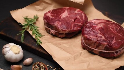 Canvas Print - Fresh raw pieces of beef meat on a cutting board