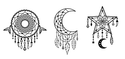 Wall Mural - dreamcatchers set. native american, tribal designs. outline vector illustration. boho style sign. si