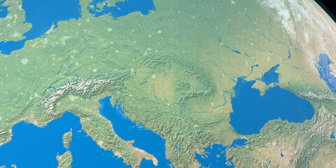 Wall Mural - Danube river in planet earth, aerial view from outer space