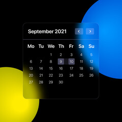 Glassmorhism Calendar Template. UI, UX, GUI layout for mobile and web application. Glassmorphism concept design. Vector illustration