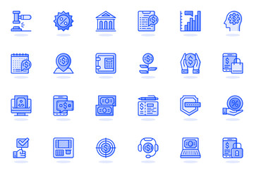 Poster - Online banking web flat line icon. Bundle outline pictogram of online paying, loan, investment, transaction, money transfer, savings concept. Vector illustration of icons pack for website design