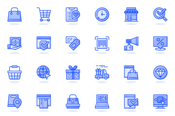 Leinwandbilder - E-commerce web flat line icon. Bundle outline pictogram of shopping, store, discount, sale, cart, delivering, gift, payment, marketing concept. Vector illustration of icons pack for website design