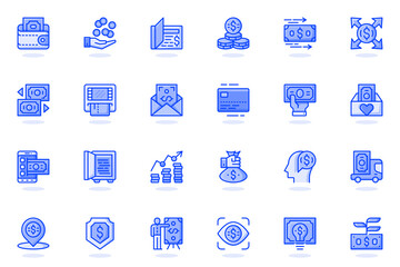 Poster - Money web flat line icon. Bundle outline pictogram of wallet, cash, savings, coins, transfer, currency exchange, ATM, credit card, banking concept. Vector illustration of icons pack for website design