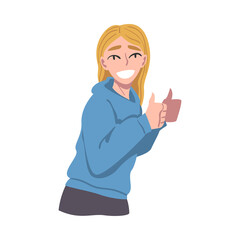 Sticker - Happy Smiling Girl Showing Thumbs up Gesture, Young Woman Feelings, Positive Human Emotions Concept Cartoon Vector Illustration