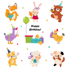 Wall Mural - Happy Birthday Concept, Adorable Baby Animal Celebrating Holiday, Baby Shower Design Element Cartoon Vector Illustration