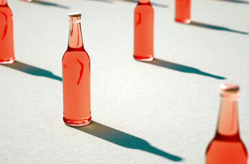 Leinwandbilder - Various red glass bottles with shadows on blue background.