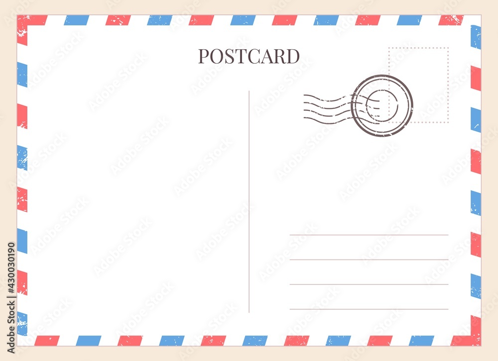 Postcard template. Paper blank postal card backside with stamp and striped frame. Empty vintage mail white letter for message vector mockup - obrazy, fototapety, plakaty 