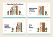 © Iryna Petrenko - Open door to welcome and goodbye concept of landing pages set with parents and kids at door at home