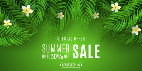 Wall Mural - Summer sale cover for web. Exotic palm leaf with plumeria flowers on a green background. Special offer. Online shopping. Seasonal tropical banner for your business design. Vector.