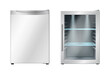 Mini refrigerator with open and closed door. Modern freezer or small fridge for hotel room