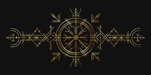 Viking Magic Symbol. Golden Esoteric Ornament, Norse Compass Amulet. Nordic Pagan Spell Rune For Tattoo. Occult Gold Circle Vector Pattern