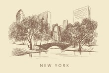 Sketch Of A City With Skyscrapers, Trees And Bridge, New York, Central Park, Hand-drawn.	
