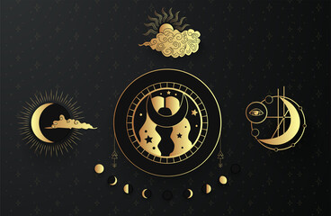 Wall Mural - crescent moon and cloud with decorations and stars. celestial symbols for tarot, astrology. alchemy 