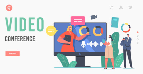 Video Conference, Online Meeting Landing Page Template. Business Speaker Character Financial Report from Huge Monitor