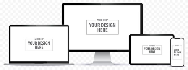 Poster - Mobile Phone, Tablet PC, Computer Monitor and Laptop Vector Illustration Set With Transparent Background