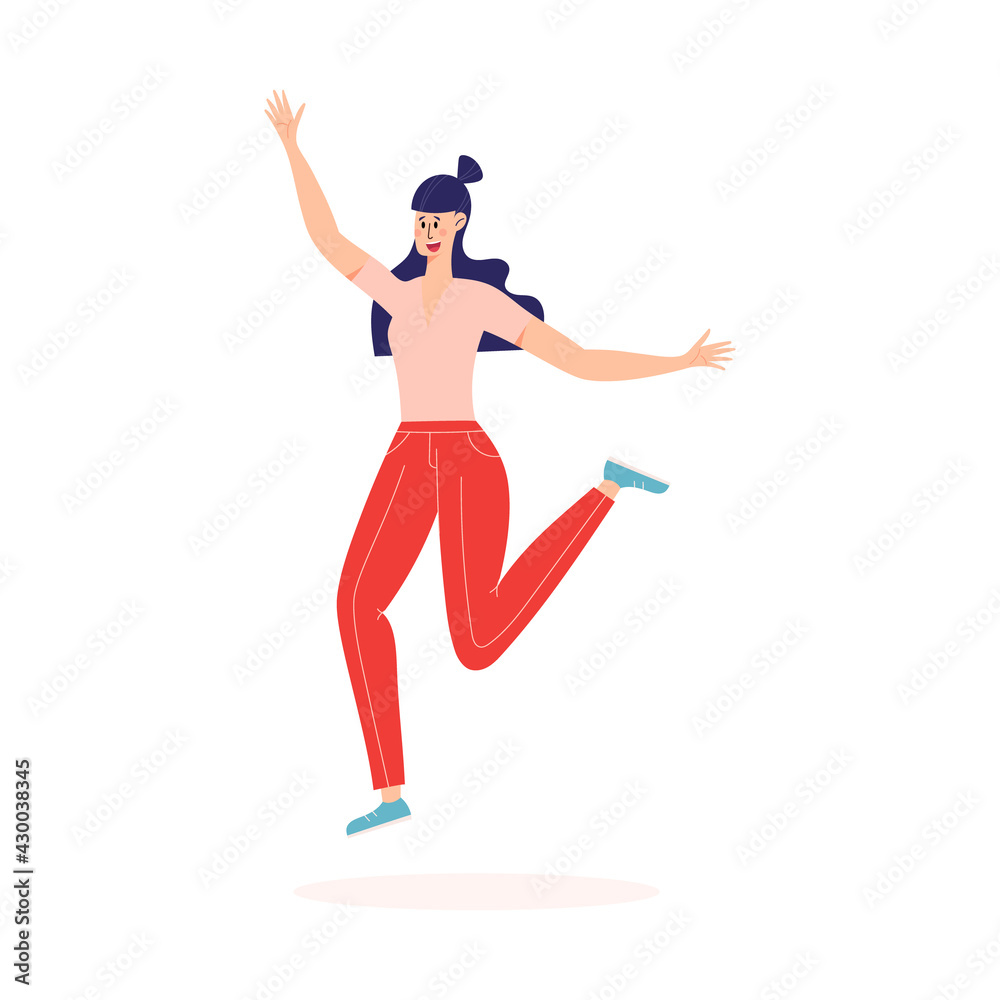 Happy person jumping. Woman with raised hands jumping in the air ...
