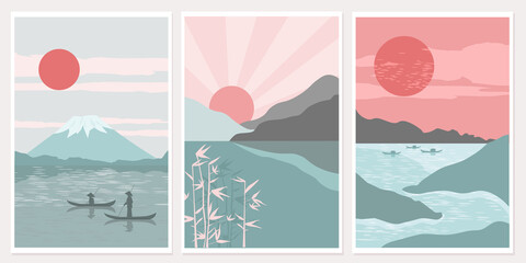 Wall Mural - Set modern minimalist art abstraction poster. Mount Fuji sunrise landscape Japan panorama, fishermen in boats, lake. The concept of nature, travel, and oriental color. Vector graphics
