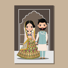  Wedding invitation card the bride and groom cute couple in traditional indian dress cartoon character. Vector illustration.