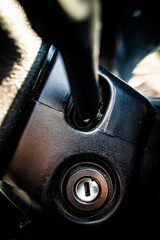 Close-up of car ignition switch. Interior parts of cars.