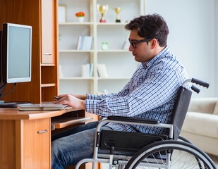 Wall Mural - Disabled student studying at home on wheelchair