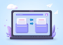 File Transfer Concept. Two Folder With Document And Files Transfering. 3d Vector Illustration.