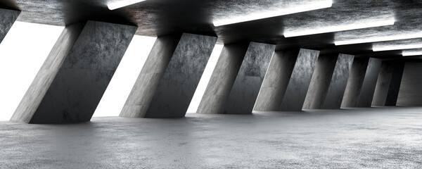 Poster - abstract dark concrete building interior with bright daylight 3d render illustration