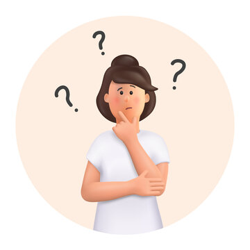 Wall Mural - 3D cartoon character. Young woman in a thoughtful pose. Choice concept, woman thinking, with question mark.  3d vector illustration.