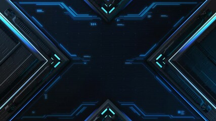 Poster - Technology background 3d render video. Abstract futuristic texture with hud animation for gaming concept. Blue sci-fi cyber surface motion. Seamless loop.