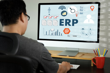 Poster - erp as emergency response procedures thoughtful male person looking to the digital tablet enterprise