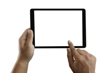 Poster - man use tablet hands close up hands multitasking tablet blank white screen digital tablet computer