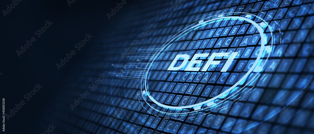 DeFi -Decentralized Finance on dark blue abstract polygonal background. Concept of blockchain, decentralized financial system - obrazy, fototapety, plakaty 