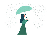 Beautiful Woman Holding Umbrella In Raining Day Vector Illustration 
