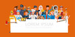 © yindee - Group of people different job and occupations on orange background character vector design. Labor Day.