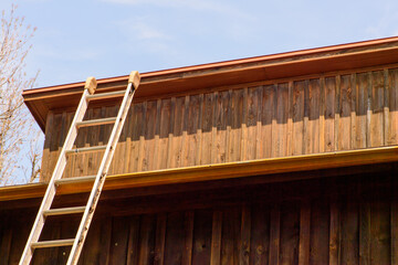 Ladder and the roof cedar wooden house construction