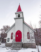 Small White Country Church With Red Doors And A Red Steeple 