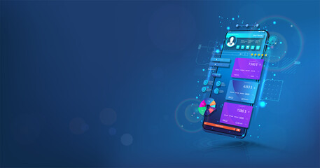 Poster - Banking App in perspective 3D smartphone. Your online bank account, currency management and payment. Transfer pay, online payment security transaction via credit card. Vector illustration app