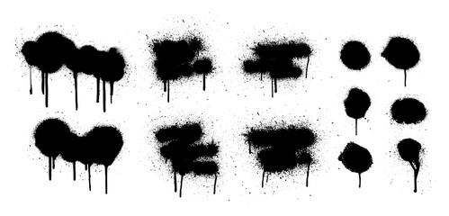 Fototapete - Hand drawn spray graffiti template. Texture ink with splashes and drips of paint on a white background. Grunge graphic stencil elements. Dirty graffiti spray effect. Street art. Vector collection