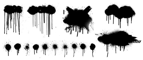 Poster - Template Spray Graffiti by hand drawn. Stencil mockup black grunge dots, clouds and dripping paint. Grunge graphic texture mockup. Vector spray paint with smudges and drops. Vector collection