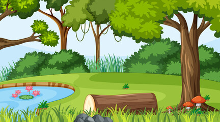 Wall Mural - forest landscape scene at day time with pond and many trees