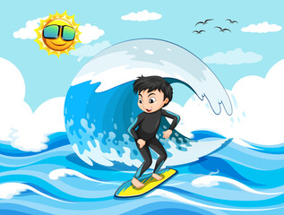 Poster - Big wave in the ocean scene with boy standing on a surf board