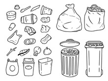 Trash Can And Garbage Doodle Drawing Icon Set Illustration Line Art