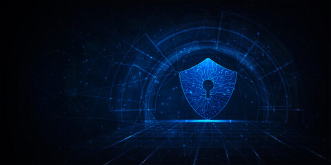 Fototapete - Cyber security and Online information protect concept. Computer protection virus attack with shield Keyhole icon on dark Blue hi tech background.Vector illustration Eps 10.