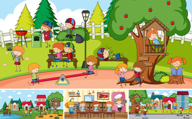 Poster - Outdoor scene set with many kids doodle cartoon character