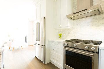 Modern Bright Kitchen view of the Stove and Vent Hood Looking Towards Living Room